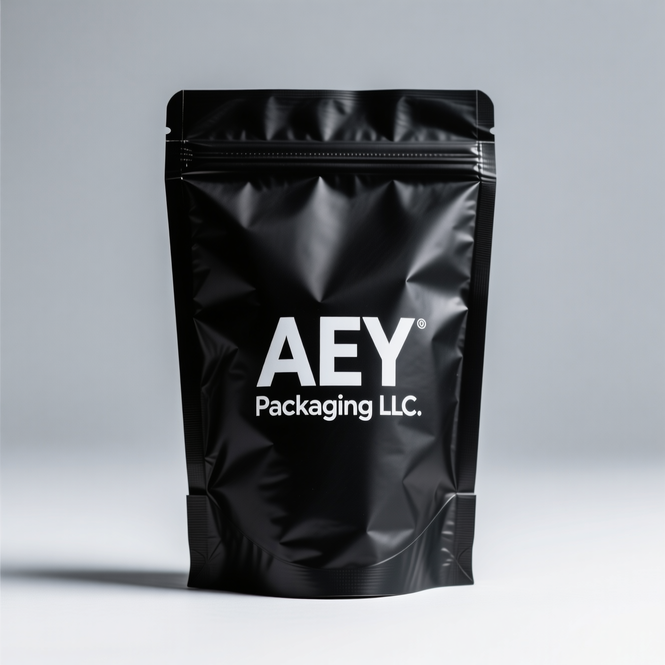 A sleek, professional product photo of a matte black mylar bag with the AEY Packaging LLC logo.