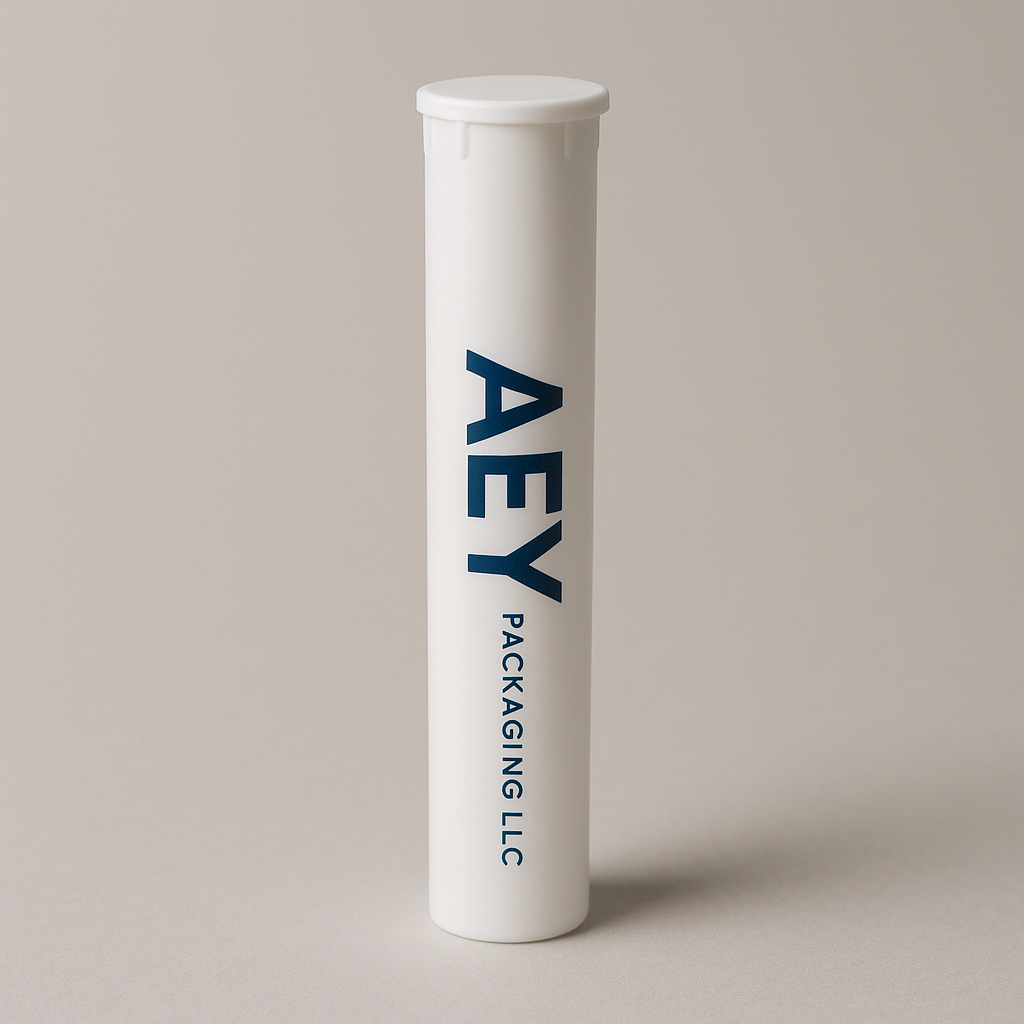 A professional product shot of a sleek pre-roll tube with the AEY Packaging LLC logo.